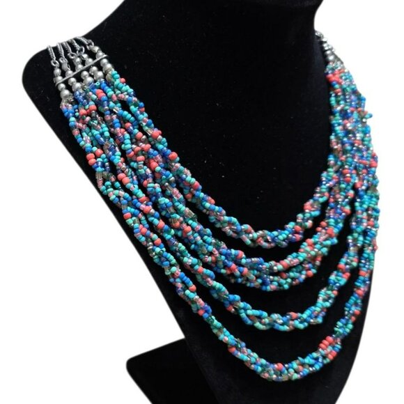 Beaded Layered Necklace Boho 5 Braided Multicolor Strands Beads Blue Silver Tone - Picture 2 of 8
